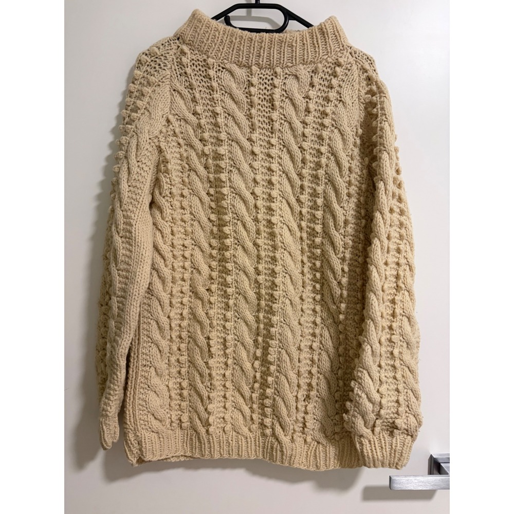 Handknit Wool Cable Knit Fisherman Sweater Cream Beige Thick Popcorn Chunky L